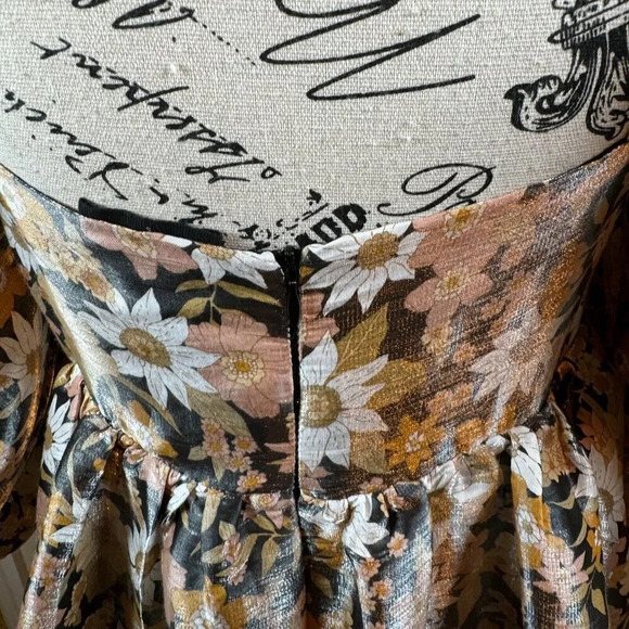 Storia Floral Babydoll Mini Dress in Brown Iridescent Size S Puff Sleeve - Picture 5 of 8